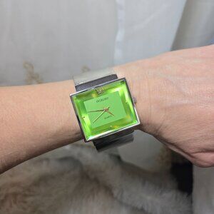 Ladies Quartz Overload Square Retro Clueless Y2K Bangle Mirror Green Dial Watch